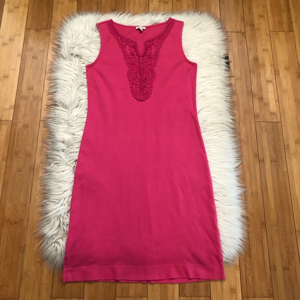 Talbots Fuchsia Crochet Embroidery 100% Cotton Sleeveless Sheath Dress size 2